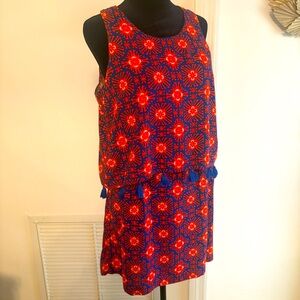 ESCAPADA Red White & Blue Print Sleeveless Shift Dress! Tassels! Overlay! Small